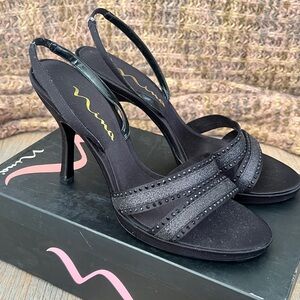 Nina Rhinestone Open Toe Sling backs- Woman’s Size 9M-Black-excellent, 3” heal